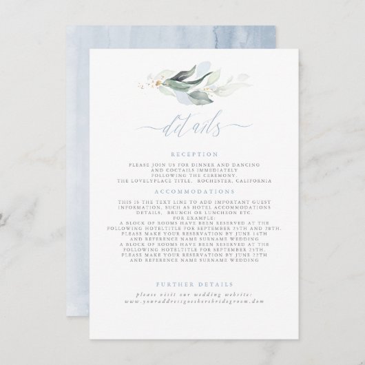 Greenery Elegant Dusty Blue Wedding Details Informatiekaartje (Voorkant / Achterkant)