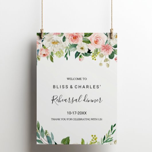 Greenery Elegant Floral Rehearsal diner Welkom Poster