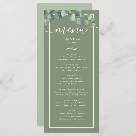 Greenery Elegant Sage Green Botanical Wedding Menu (Voorkant / Achterkant)