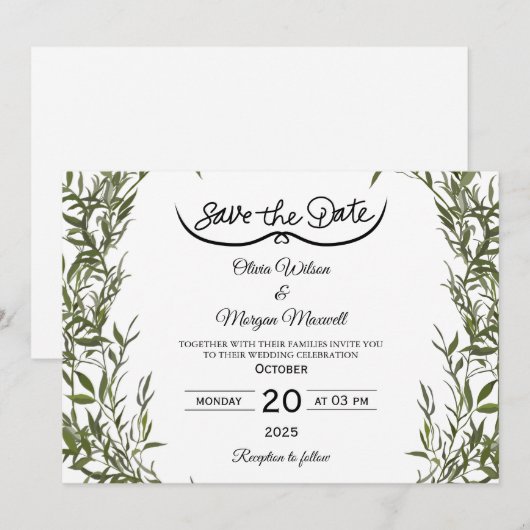 Greenery Elegant Save The Date Invitation Kaart (Voorkant / Achterkant)