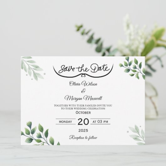 Greenery Elegant Save the Date Uitnodiging (Staand voorkant)