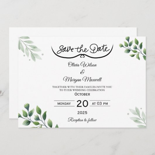 Greenery Elegant Save the Date Uitnodiging (Voorkant / Achterkant)