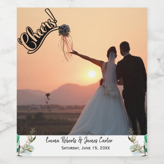 Greenery Elegant Wedding Photo Wine Label Wijn Etiket (Enkel label)
