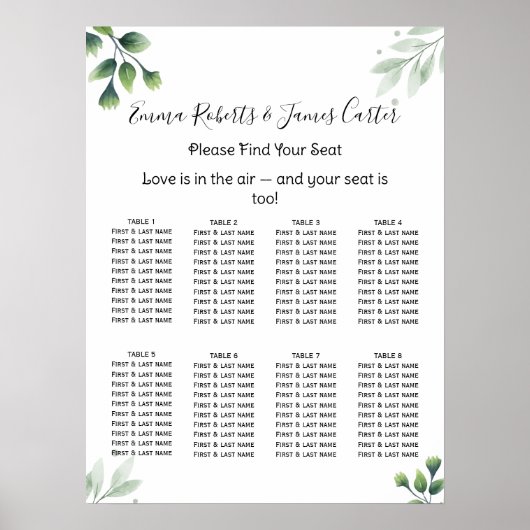 Greenery Elegant Wedding Seating Chart Poster (Voorkant)