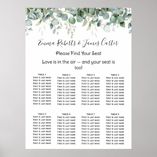 Greenery Elegant Wedding Seating Chart Poster (Voorkant)