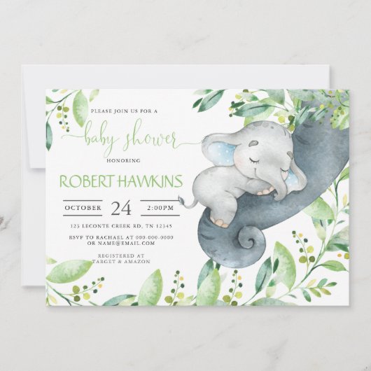 Greenery Elephant Baby shower Invitation Kaart (Voorkant)