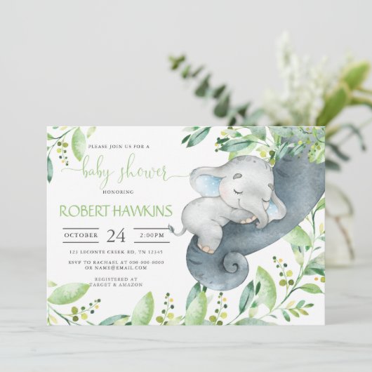 Greenery Elephant Baby shower Invitation Kaart (Staand voorkant)