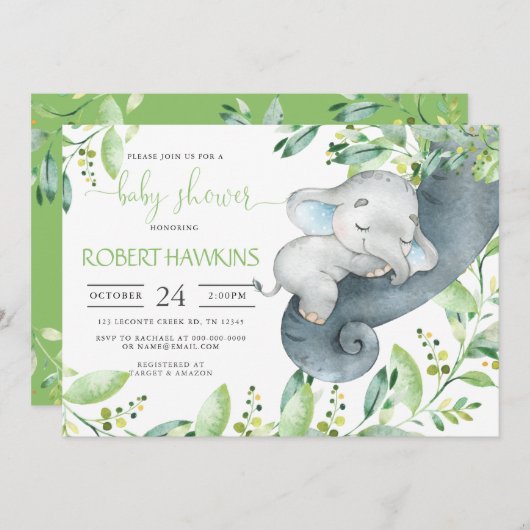 Greenery Elephant Baby shower Invitation Kaart (Voorkant / Achterkant)