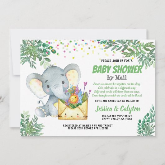 Greenery Elephant baby shower per post, virtueel Kaart (Voorkant)