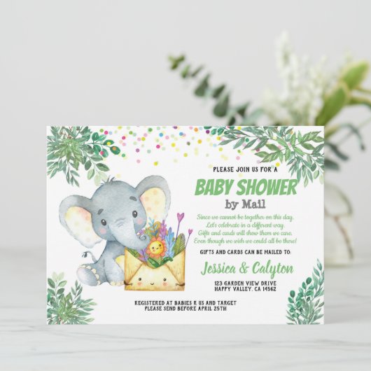 Greenery Elephant baby shower per post, virtueel Kaart (Staand voorkant)