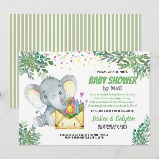 Greenery Elephant baby shower per post, virtueel Kaart (Voorkant / Achterkant)