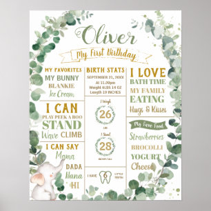 Greenery Elephant Birthday Milestone Birth Stats Poster