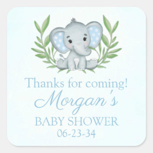 Greenery Elephant Blue Boy Baby shower Square Stic Vierkante Sticker