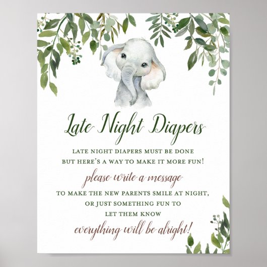 Greenery Elephant Late night Diapers Sign Poster (Voorkant)