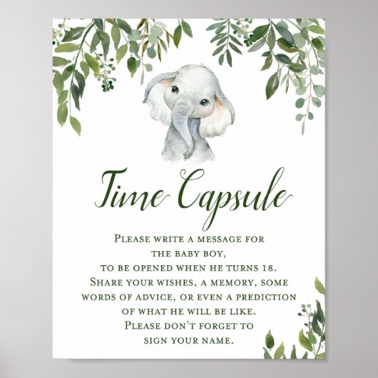Greenery Elephant Time Capsule for BOY Sign Poster (Voorkant)