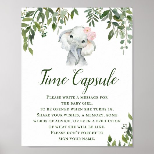 Greenery Elephant Time Capsule for GIRL Sign Poster (Voorkant)