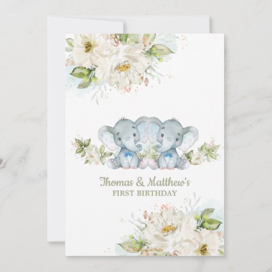 Greenery Elephant Twin Boys 1st Birthday Party Kaart (Achterkant)