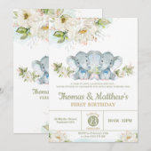 Greenery Elephant Twin Boys 1st Birthday Party Kaart (Voorkant / Achterkant)