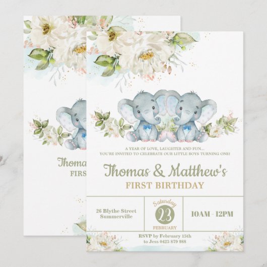 Greenery Elephant Twin Boys 1st Birthday Party Kaart (Voorkant / Achterkant)