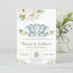 Greenery Elephant Twin Boys 1st Birthday Party Kaart