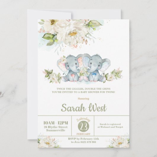 Greenery Elephant Twins Boy Girl Baby shower Kaart (Voorkant)