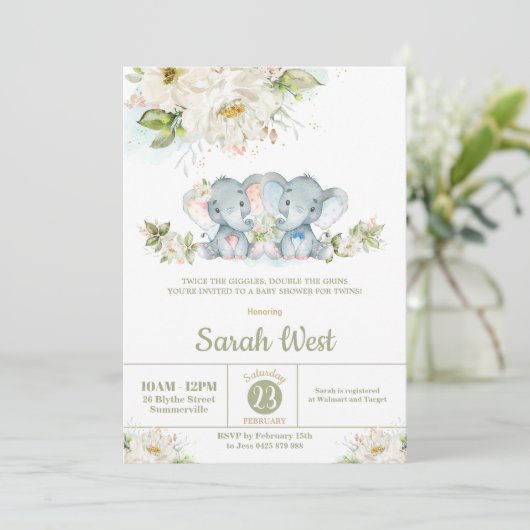 Greenery Elephant Twins Boy Girl Baby shower Kaart (Staand voorkant)