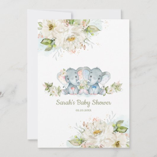 Greenery Elephant Twins Boy Girl Baby shower Kaart (Achterkant)