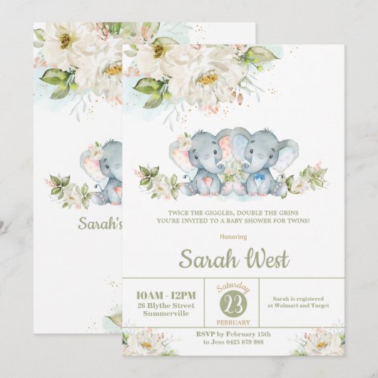 Greenery Elephant Twins Boy Girl Baby shower Kaart (Voorkant / Achterkant)