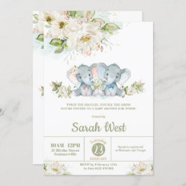 Greenery Elephant Twins Boy Girl Baby shower Kaart