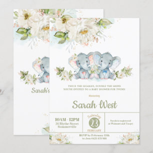 Greenery Elephant Twins Boy Girl Baby shower Kaart