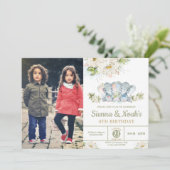 Greenery Elephant Twins Boy Girl Birthday Foto Kaart (Staand voorkant)