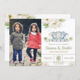 Greenery Elephant Twins Boy Girl Birthday Foto Kaart
