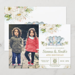 Greenery Elephant Twins Boy Girl Birthday Foto Kaart