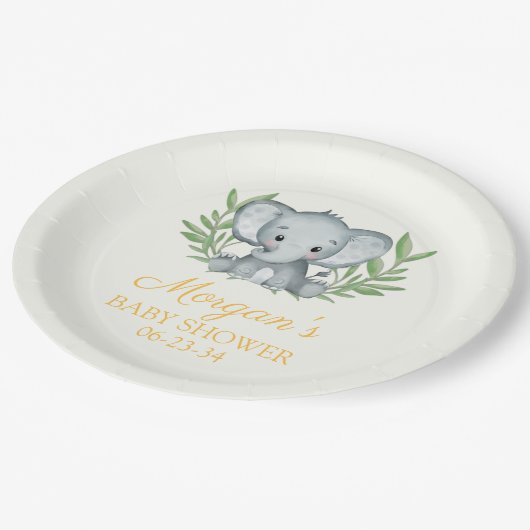 Greenery Elephant Yellow Neutral Baby shower Papieren Bordje (Gekanteld)