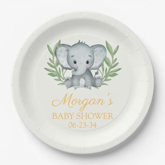 Greenery Elephant Yellow Neutral Baby shower Papieren Bordje (Voorkant)