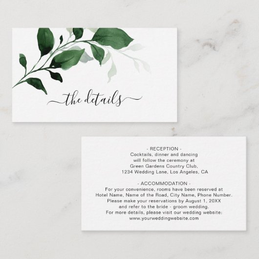 Greenery Emerald Green Foliage Wedding Details Enc Informatiekaartje (Voorkant / Achterkant)