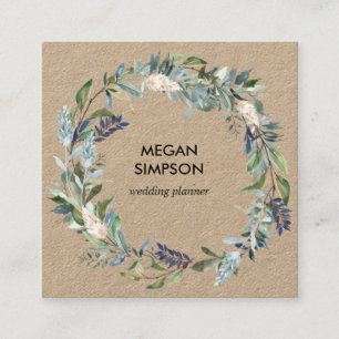 Greenery en Blue Floral Wreath Kraft Vierkante Visitekaartje