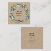 Greenery en Blue Floral Wreath Kraft Vierkante Visitekaartje (Voorkant / Achterkant)