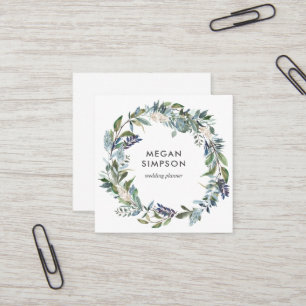 Greenery en Blue Waterverf Floral Wreath Vierkante Visitekaartje