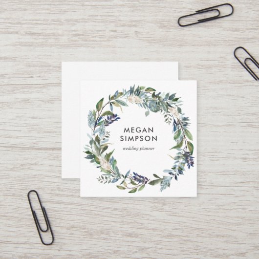 Greenery en Blue Waterverf Floral Wreath Vierkante Visitekaartje (Voorkant / Achterkant in situ)