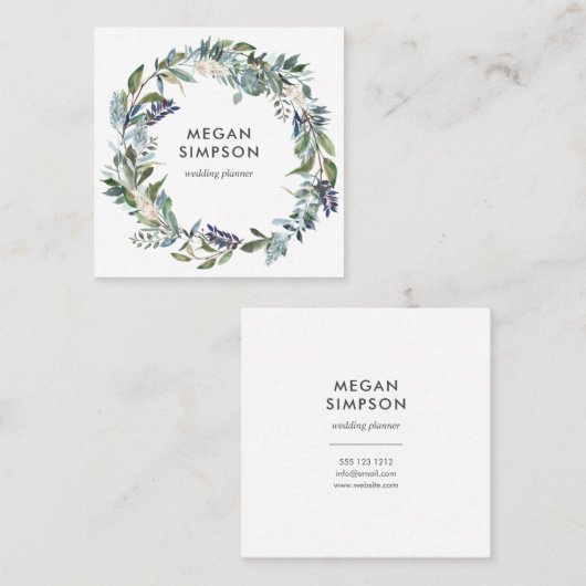 Greenery en Blue Waterverf Floral Wreath Vierkante Visitekaartje (Voorkant / Achterkant)
