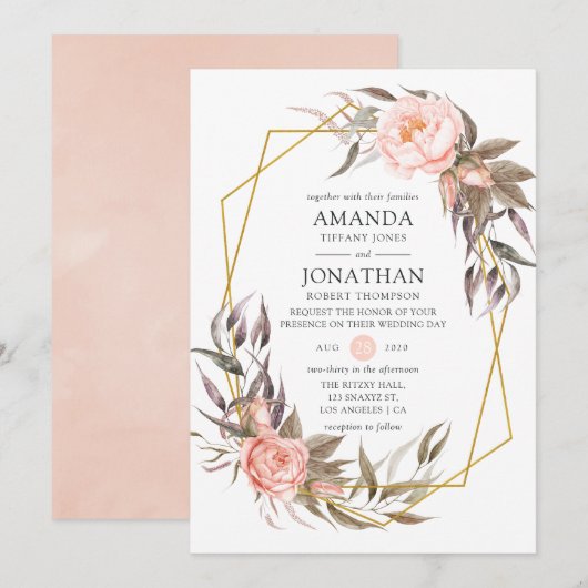 Greenery en Blush Pink Floral Wedding Kaart (Voorkant / Achterkant)