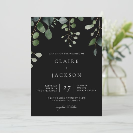 Greenery en Eucalyptus Modern Wedding Black Kaart (Staand voorkant)