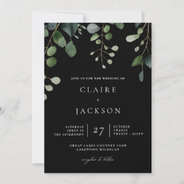 Greenery en Eucalyptus Modern Wedding Black Kaart