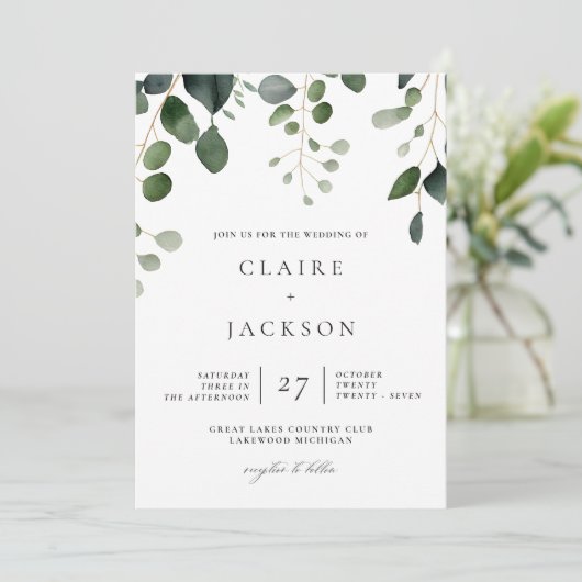 Greenery en Eucalyptus Modern Wedding Invitation Kaart (Staand voorkant)