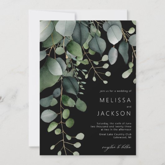 Greenery en Eucalyptus Wedding Black Invitation Kaart (Voorkant)