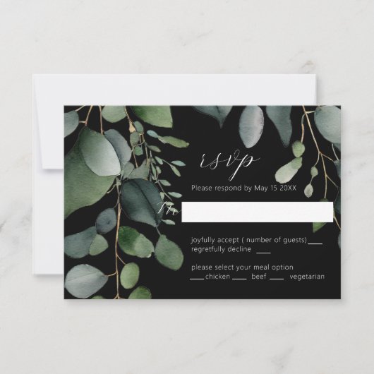 Greenery en Eucalyptus Wedding Black RSVP-kaart RSVP Kaartje (Voorkant)