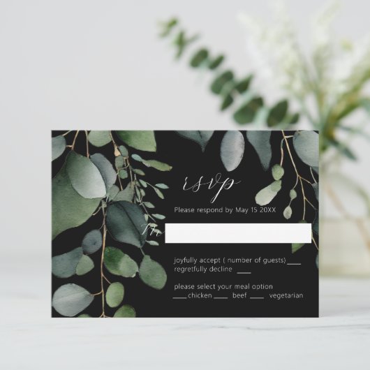 Greenery en Eucalyptus Wedding Black RSVP-kaart RSVP Kaartje (Staand voorkant)