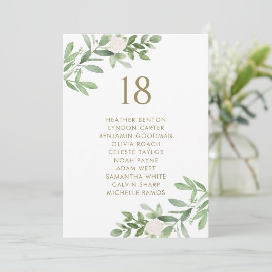 Greenery en Flowers Gold Wedding Seating Chart Aankondiging (Staand voorkant)