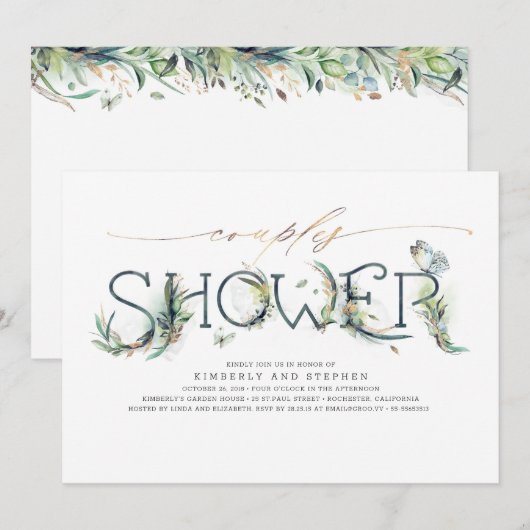 Greenery en Gold Calligraphy Couples Shower Kaart (Voorkant / Achterkant)